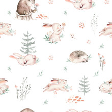 Watercolor Woodland Animals Seamless Pattern. Fabric Wallpaper , Hedgehog, Fox And Butterfly, Bunny Rabbit Set Of Forest Squirrel And Chipmunk, Bear And Bird Baby Animal, Scandinavian
