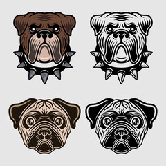 Wall Mural - Dog heads characters set of vector objects in two styles colored and black and white. Animals collection, pug dog and bulldog muzzles