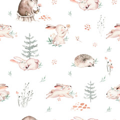  Watercolor Woodland animals seamless pattern. Fabric wallpaper , hedgehog, fox and butterfly, Bunny rabbit set of forest squirrel and chipmunk, bear and bird baby animal, Scandinavian