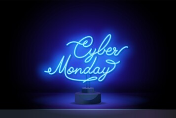 Cyber Monday concept banner in neon style, luminous signboard, nightly advertising of sales rebates of cyber Monday. Vector illustration for your projects