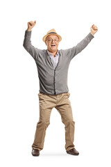 Poster - Full length portrait of a happy elderly man dancing with arms up