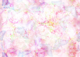 Wall Mural - Seamless pink, bokeh background.  Abstract flora and butterflies.