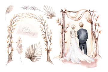 Wall Mural - Watercolor couple bride and groom in boho ceremony style wedding. arch with tree branches. marriage illustration. Love wedding invitation. save the date.