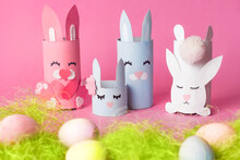 Easter Bunny Craft From Paper Tube. Kids DIY Home Activities. Handmade Cute Toy Rabbits And Eggs. Reuse Concept