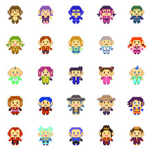 8 Bit Pixel Character People Vector Illustrator Colection