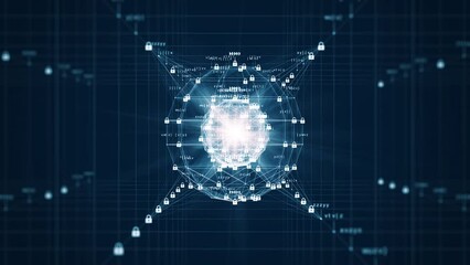 Poster - Cybersecurity and big data protection technology concept. Interconnected padlock polygons and small binary form a slow-moving sphere whose inner light contrasts with a dark background.