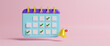 © Nuchjaree - Yellow notification bell ringing and calendar icon symbol marked schedule, business planning, alarm sign, event date message and timetable on the pink background, 3d rendering illustration