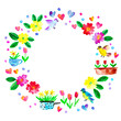 © katyabogina - Spring season wreath background with flowers, birds, hearts, tulips, daffodils, primrose