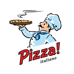 Poster - Funny chef with pizza. Emblem or logo design