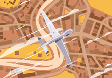 Vector Illustration Of An Unmanned Aerial Vehicle Flying Over A Residential Area Top View