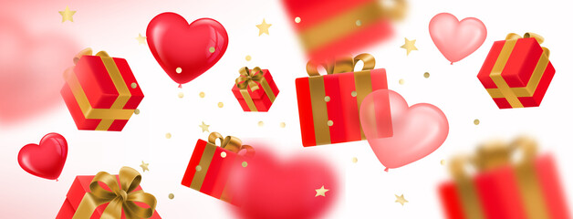 Aufkleber - Gift boxes and hearts falling down. Happy Valentines day concept. 3d vector illustration