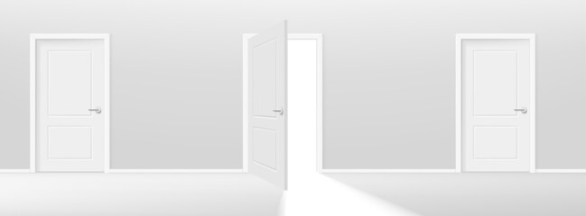 Poster - Three doors one of them is opening. Realistic 3d style vector illustration
