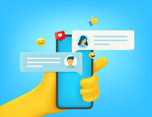 Aufkleber - Hand holding modern smartphone with messenger application. Comic 3d style vector illustration