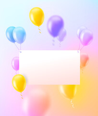 Wall Mural - Blank white paper banner with air balloons. 3d vector banner with copy space. Happy birthday greeting card template