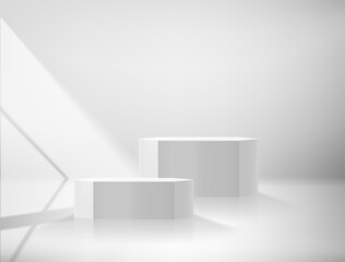 Poster - White interior with two pedestals and light of the window. Vector 3d illustration
