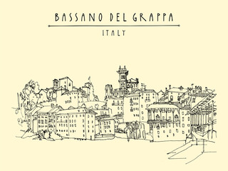 Wall Mural - Vector Bassano del Grappa, Italy touristic postcard. Panoramic view, waterfront. Italian historic buildings in old town. Retro style postcard, poster template or calendar illustration