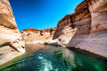 Wall Mural - Cruise along Lake Powell. View of narrow, cliff-lined canyon from a boat in Glen Canyon National Recreation Area, Arizona..