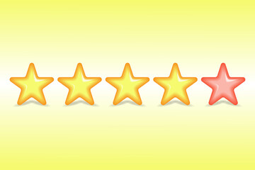 Five stars, glossy yellow and pink colors. Customer rating feedback concept from the client about employee of website. For mobile applications. 