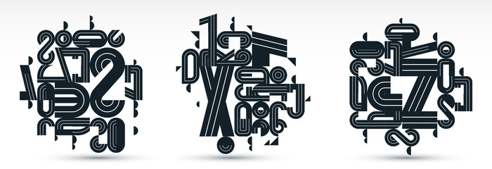 Poster - Abstract modern vector trendy designs set, geometric shapes stylish compositions, black and white modular pattern artistic illustrations, typography letters elements used.