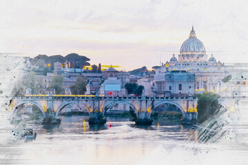 Sketch color landscape view of Rome beautiful city of Italy.