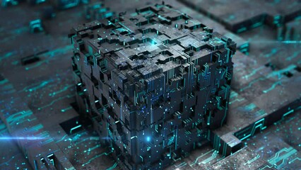 Poster - High tech circuit cube. Dark abstract technology motion background. Depth of field settings. 3D rendering