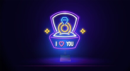 Neon sign of a ring box. Glowing neon shiny ring inside the box. Vector illustration can be used for wedding, marriage, engagement