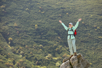 Sticker - Tourist with backpack standing on peak in mountains