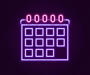 Poster - Glowing neon line Calendar icon isolated on black background. Event reminder symbol. Colorful outline concept. Vector