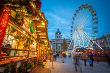 View Of Christmas Market Stalls, Ferris Wheel And Council House On Old Market Square, Nottingham, Nottinghamshire, England