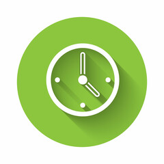 Sticker - White Clock icon isolated with long shadow. Time symbol. Green circle button. Vector