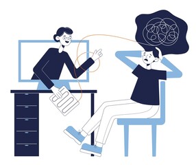 Wall Mural - Female psychologist-consultant online. A doctor and a patient discuss a mental tangled rope using a computer for a remote conversation. illustration for counseling, therapy, psychology.