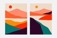 Landscape Minimalist Prints. Abstract Nature Set, Contemporary Mountain Posters, Hand Drawn Backgrounds. Vector Illustration