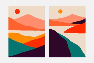 Wall Mural - Landscape minimalist prints. Abstract nature set, contemporary mountain posters, hand drawn backgrounds. Vector illustration