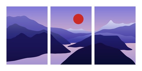 Wall Mural - mountain landscape collage. abstract nature posters, hills, lake sea moon sun, contemporary vector w
