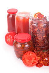 Poster - dried tomatoes on wooden background, top view