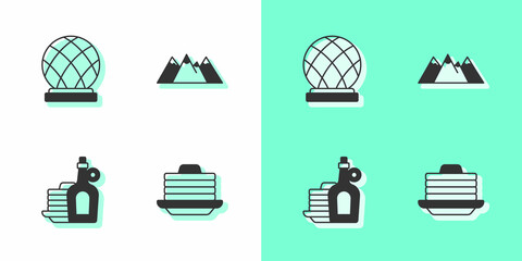 Wall Mural - Set Stack of pancakes, Montreal Biosphere, Syrup with and Mountains icon. Vector