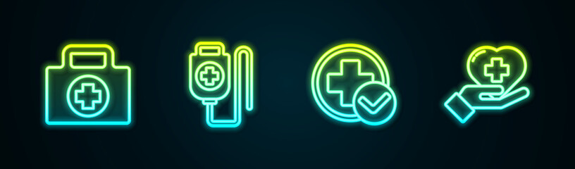 Sticker - Set line First aid kit, IV bag, Cross hospital medical and Heart with cross. Glowing neon icon. Vector