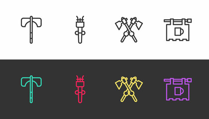 Sticker - Set line Medieval axe, Torch flame, Crossed medieval axes and Street signboard with Bar on black and white. Vector