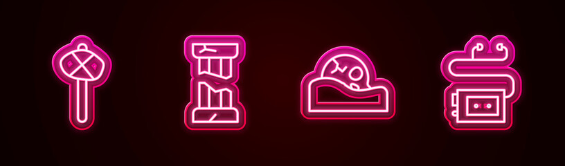 Sticker - Set line Stone age hammer, Broken ancient column, Human skull and Museum audio guide. Glowing neon icon. Vector