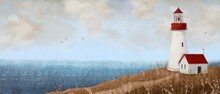 Lighthouse On Seashore, Nordic Marine Landscape, Art Picture, Sea Poster And Banner
