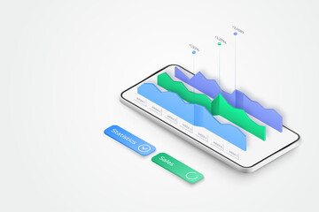 Poster - Mobile phone with financial analytics isometric elements. Smartphone application with mobile charts, online statistics, data analytics and finance