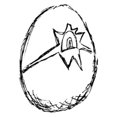 Wall Mural - Eye looks out through a hole in a cracked egg shell. Black and white vector sketch, isolated on transparent background