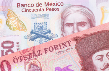 Wall Mural - A macro image of a pink, plastic fifty peso bank note from Mexico paired up with a red and white five hundred forint note from Hungary.  Shot close up in macro.