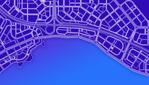 Street and city map. Urban design plan view. Blue and vector illustration, seashore.