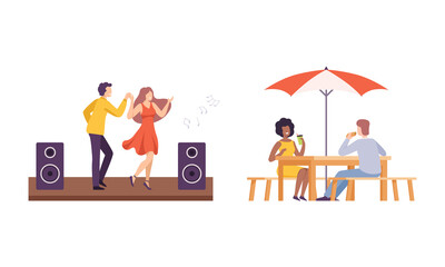 Sticker - People in the Park Dancing to Music and Sitting at Cafe Eating Enjoying Leisure Activity Vector Illustration Set