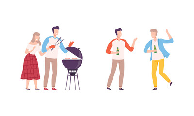 Sticker - People Having Barbecue in the Park Roasting Sausage on Grill and Drinking Beer Enjoying Leisure Activity Vector Illustration Set