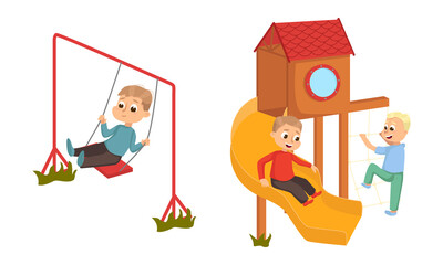 Poster - Children Playing on Playground in City Park with Swings and Slide Vector Illustration Set