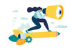 woman designer flies astride pencil and looks for creative ideas , talented creative workers. girl creative artist designer flies on pencil rocket looks through spyglass looking for ideas vector
