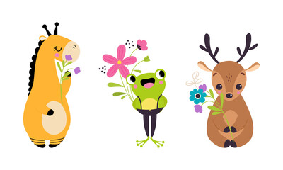 Wall Mural - Cute Animal Holding Flower on Stalk with Paws Vector Illustration Set.