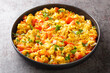 Classic Indian breakfast, egg Bhurji is a spicy mouth watering spin on scrambled eggs closeup in the plate on the table. Horizontal